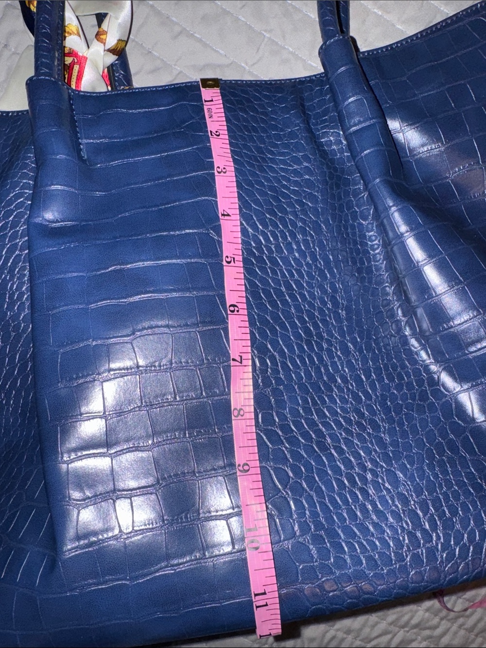 Structured Croc-Embossed Navy Tote with Scarf Accent - Picture 8 of 9